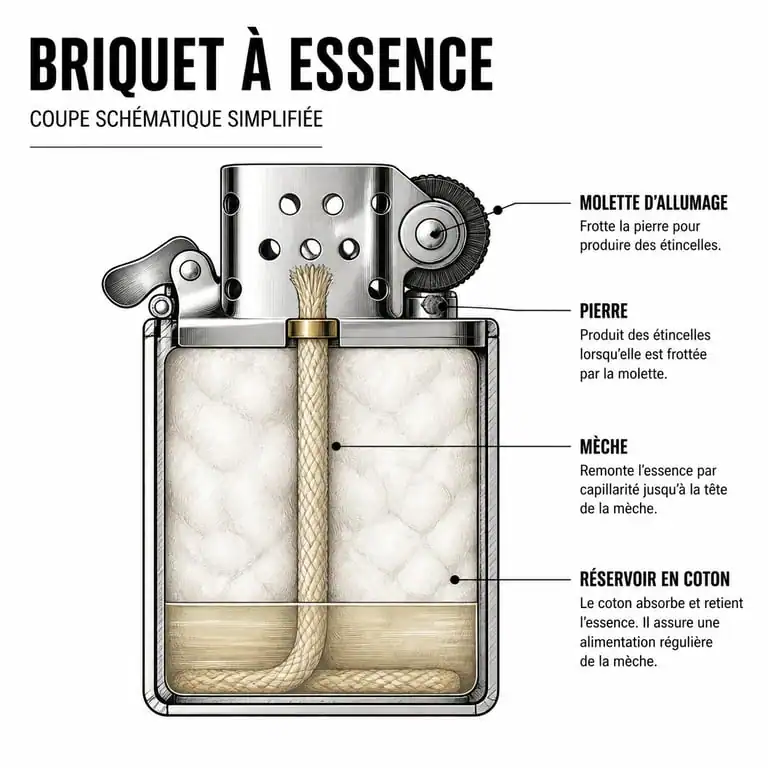 Schéma technique du fonctionnement d'un briquet à essence