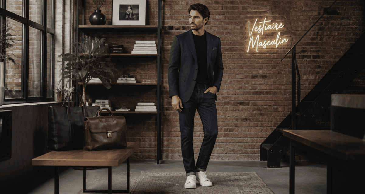 Homme à la mode en blazer et jean
