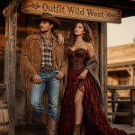 Outfit wild west homme femme devant saloon