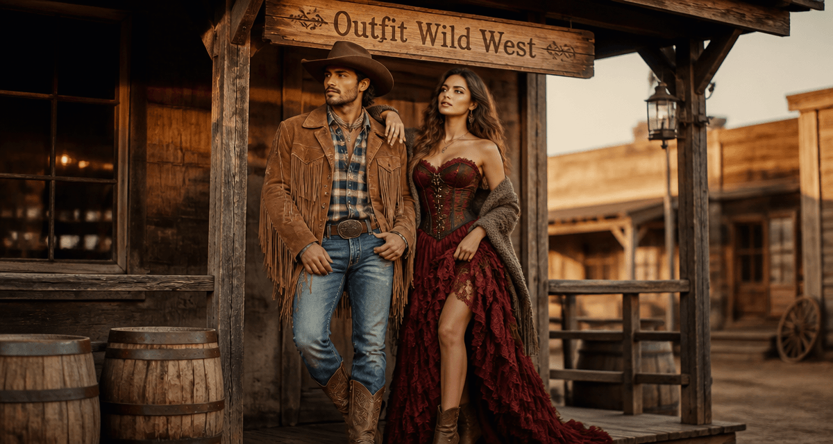 Outfit wild west homme femme devant saloon