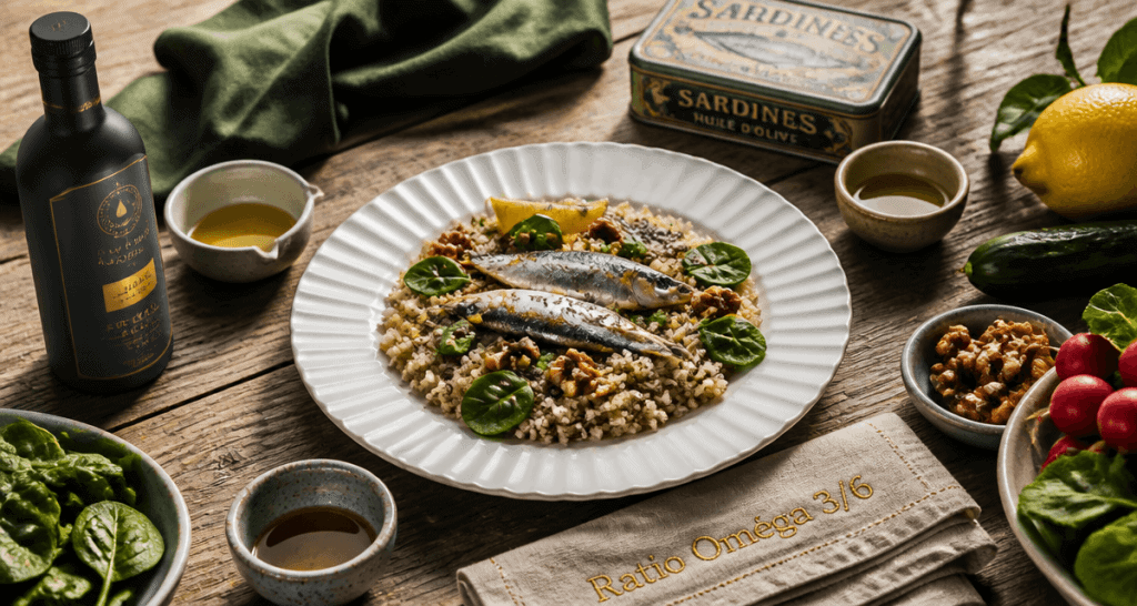 assiette salade omega 3 et 6 huiles sardines