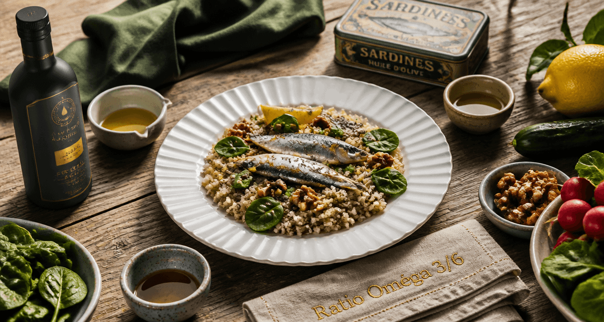 assiette salade omega 3 et 6 huiles sardines