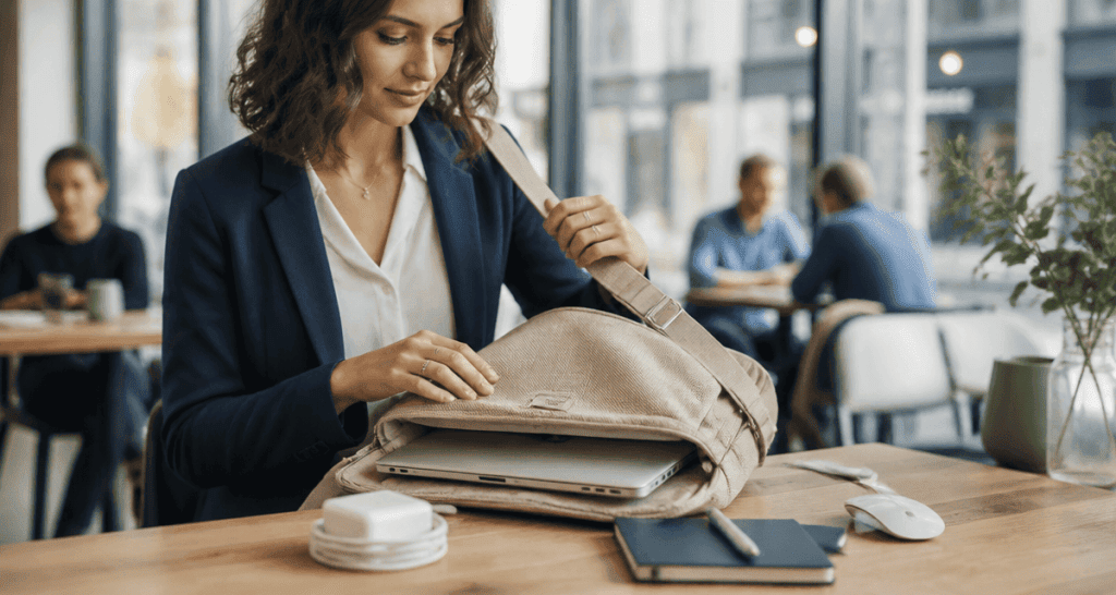 sacoche pour ordinateur en coton bio sur table de café