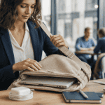 sacoche pour ordinateur en coton bio sur table de café