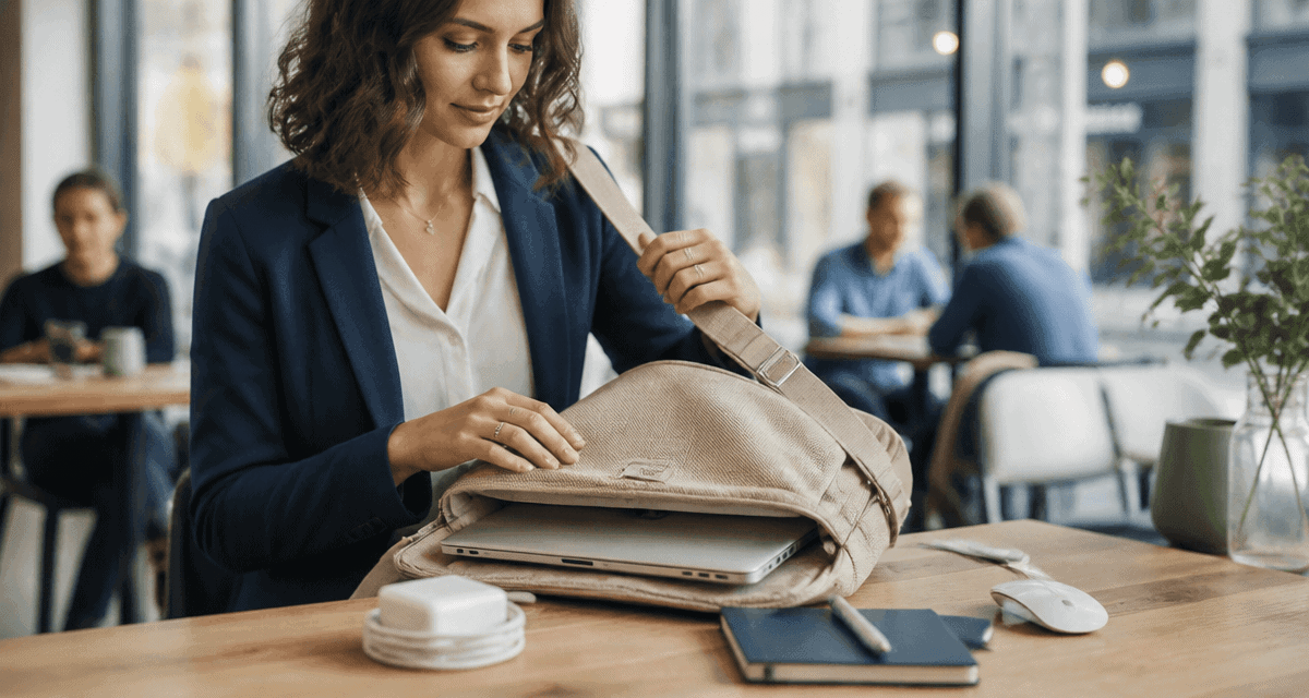 sacoche pour ordinateur en coton bio sur table de café