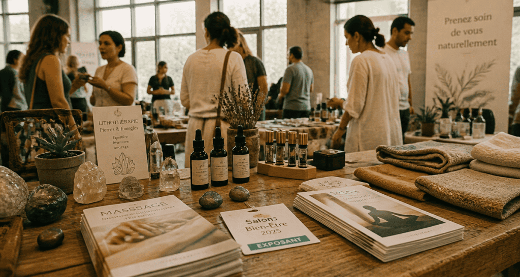 Table salon du bien etre 2025 avec brochures et visiteurs