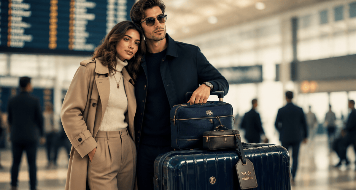 set de valise assorti couple aéroport