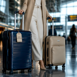 valise moyenne bleue et beige dans un aéroport