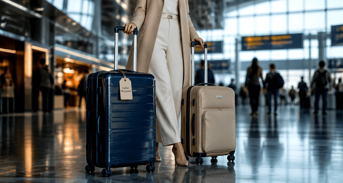 valise moyenne bleue et beige dans un aéroport