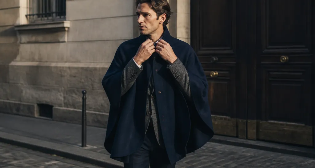 cape homme laine bleu nuit sur un homme élégant