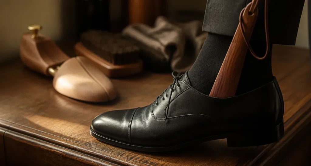 Chausse-pied bois pour mettre une chaussure en cuir sans abîmer le dos