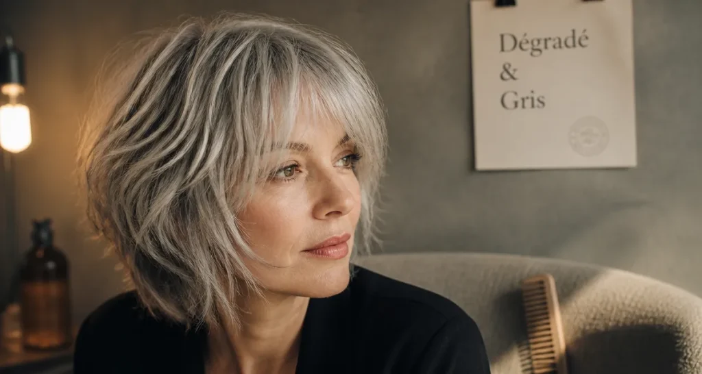 Coupe cheveux gris dégradé : cheveux gris argentés, volume et éclat