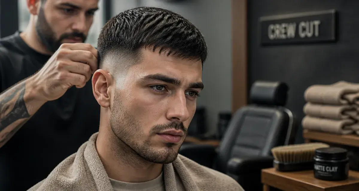 Crew cut revisité : low fade et texture, coiffeur ajuste la coupe courte