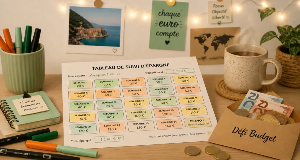 défi budget à imprimer gratuit sur bureau avec tableau et enveloppe