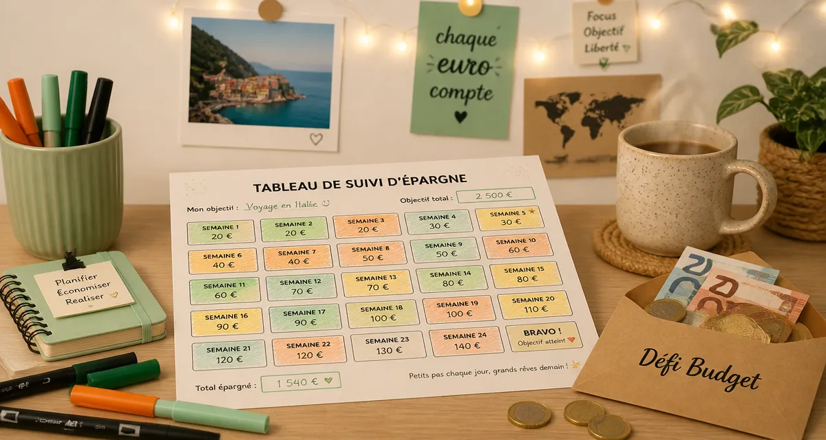 défi budget à imprimer gratuit sur bureau avec tableau et enveloppe