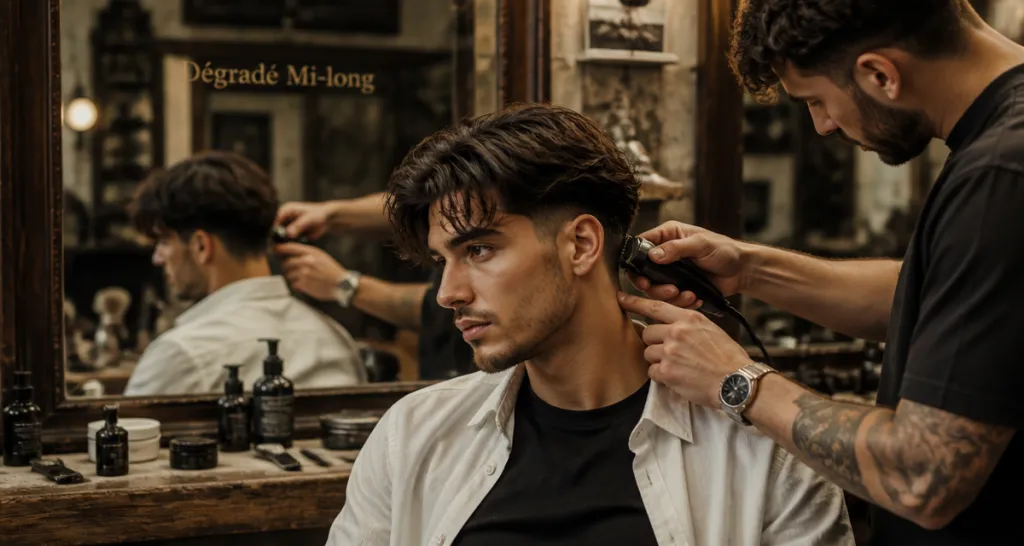 Dégradé mi long homme assis chez le barbier