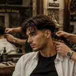 Dégradé mi long homme assis chez le barbier