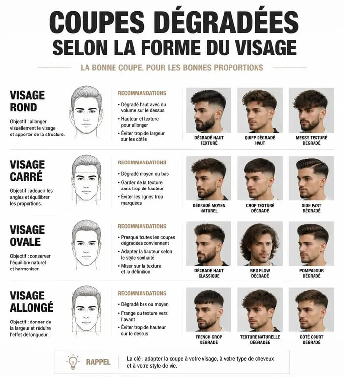 Infographie des coupes de cheveux gris dégradé selon la forme du visage