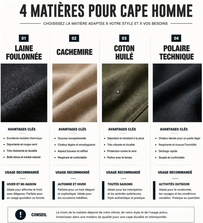 Comparatif des matières pour cape homme : laine, cachemire, coton huilé et polaire pour choisir la meilleure cape selon l'usage.