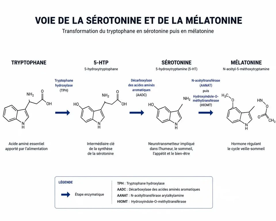 Schéma explicatif de la synthèse de la sérotonine et son rôle dans l'organisme
