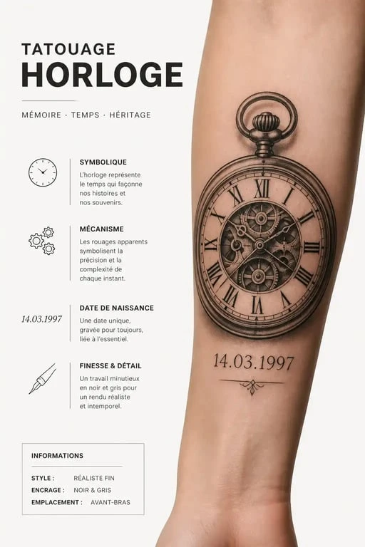 Tatouage horloge avec date de naissance sur l'avant-bras, style réaliste et élégant.
