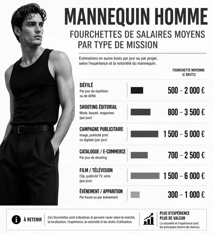 Infographie des salaires moyens d'un mannequin homme par type de prestation