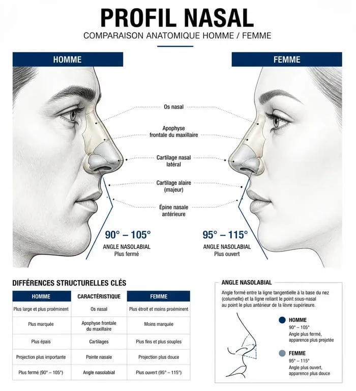 Schéma anatomique comparatif pour une rhinoplastie pour homme montrant l'angle nasolabial idéal.