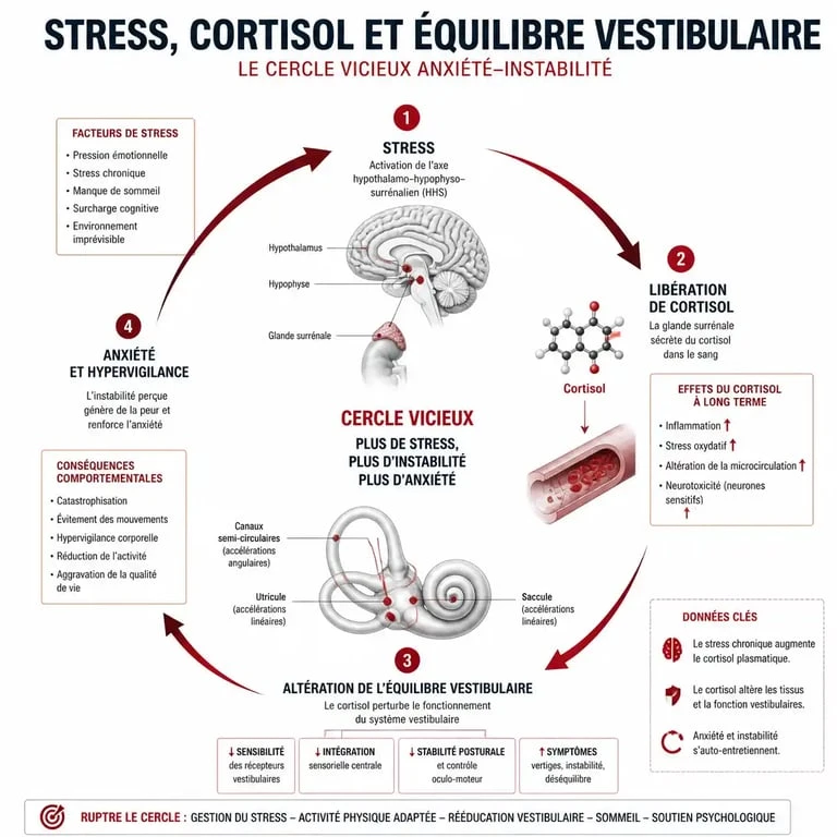 Infographie expliquant le mécanisme physiologique du stress et des vertiges