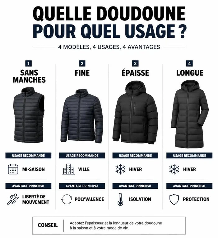 Infographie comparative des types de doudounes et vestes pour choisir le modèle adapté à ses besoins