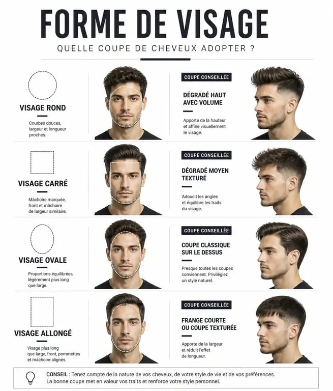 Infographie des meilleures coupes de cheveux pour homme de 50 ans selon la forme du visage