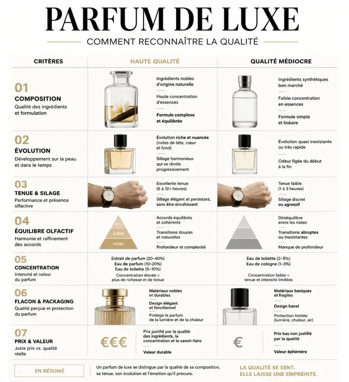 Infographie comparative des critères de qualité pour choisir ses luxurious fragrances