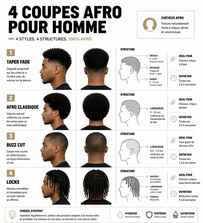 Infographie des différents styles de coupe afro homme : Taper Fade, Afro classique, Buzz Cut et Locks