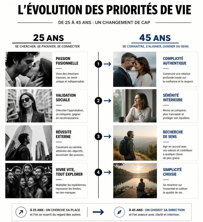 Infographie comparative des attentes relationnelles et personnelles des hommes à 25 ans et 45 ans