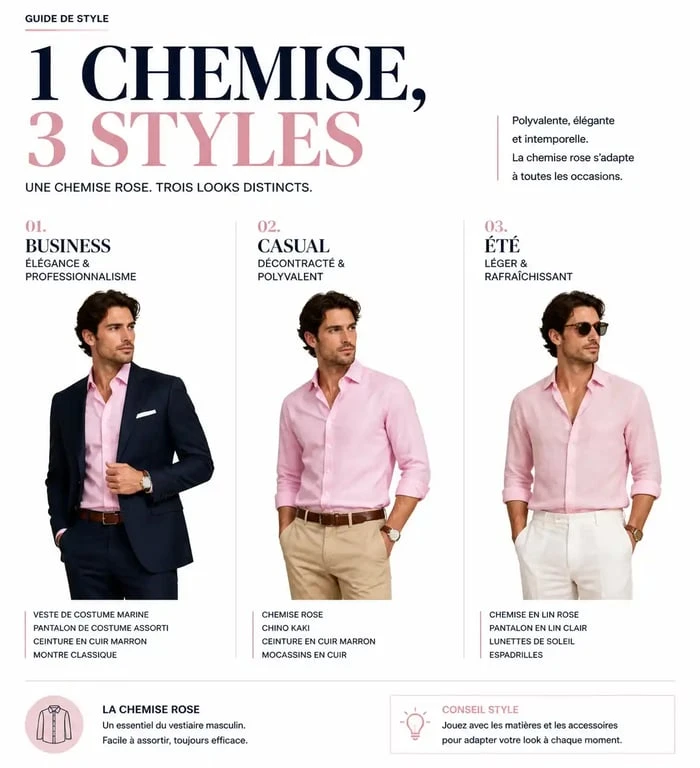 Homme portant une chemise rose pour homme avec différents styles vestimentaires