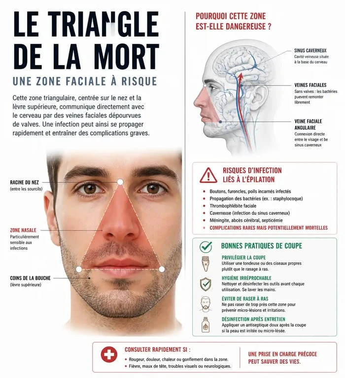 Schéma explicatif du triangle de la mort sur le visage et conseils pour l'épilation du poil sur le nez en toute sécurité