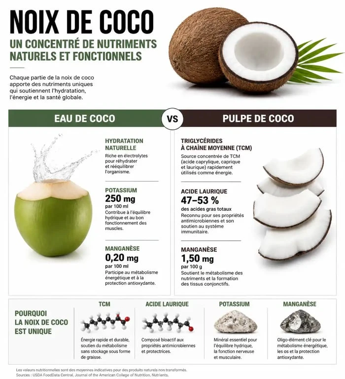 Infographie illustrant les bienfaits de la noix de coco sur la santé, comparant les apports nutritionnels de l'eau et de la pulpe.
