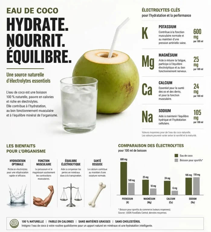 Infographie des bienfaits de l'eau de coco et de sa composition nutritionnelle