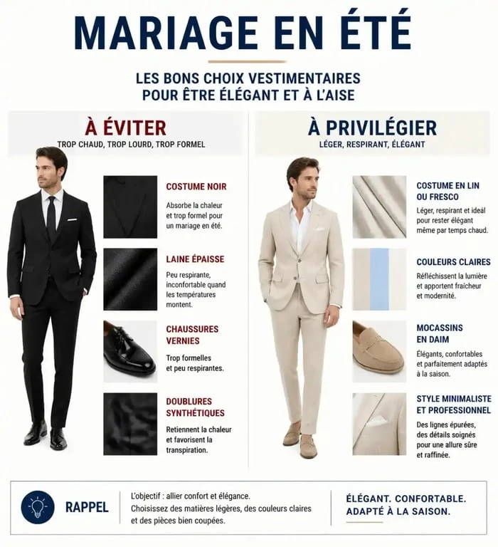 Infographie comparative des meilleures tenues de mariage homme pour l'été