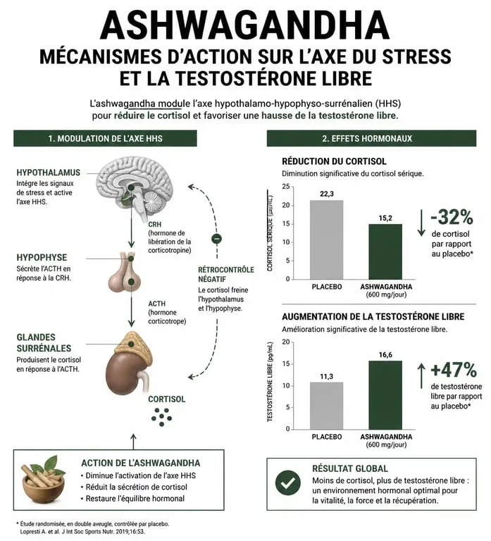 Schéma des bienfaits de l'ashwagandha sur la testostérone et le cortisol chez l'homme