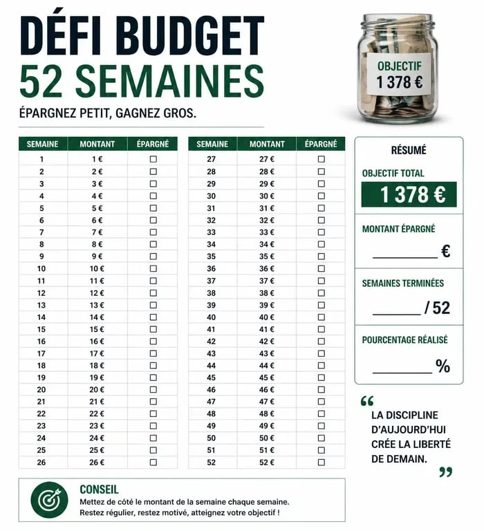 Exemple de défi budget à imprimer gratuit sur 52 semaines pour visualiser son épargne