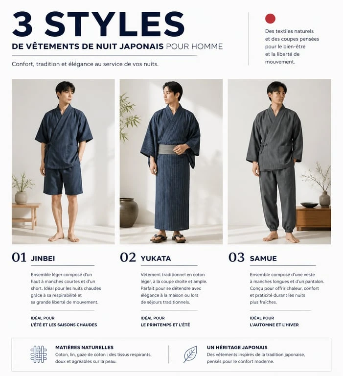 Différents styles de pyjama japonais pour homme : Jinbei, Yukata et Samue pour un confort traditionnel.