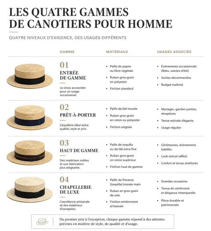 Infographie comparative des gammes de canotiers pour homme : prix, matériaux et occasions de port.