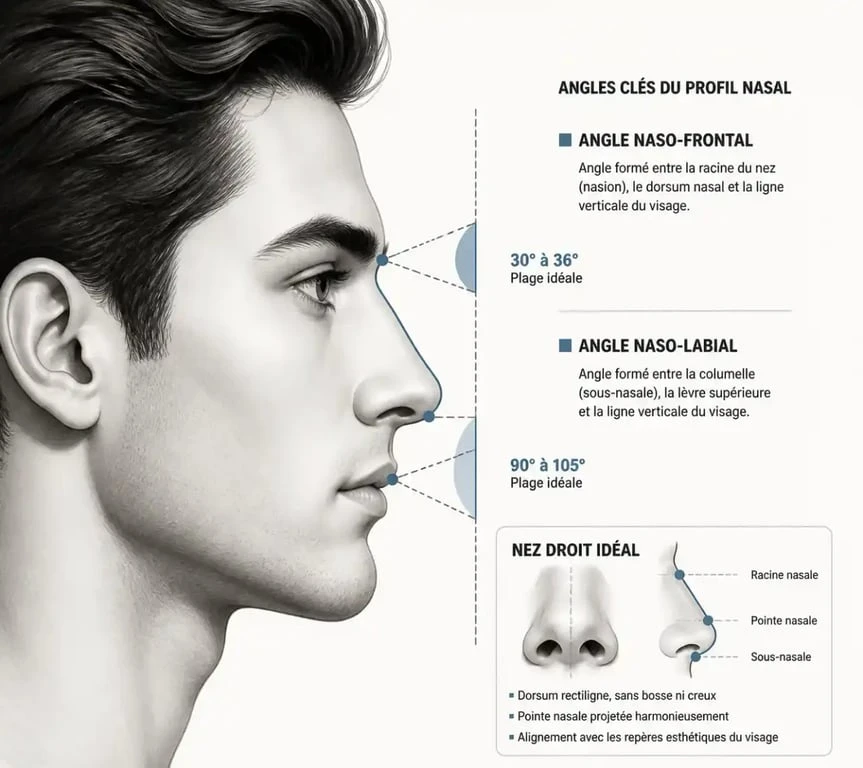 Schéma anatomique illustrant les caractéristiques d'un nez droit chez l'homme pour une rhinoplastie réussie