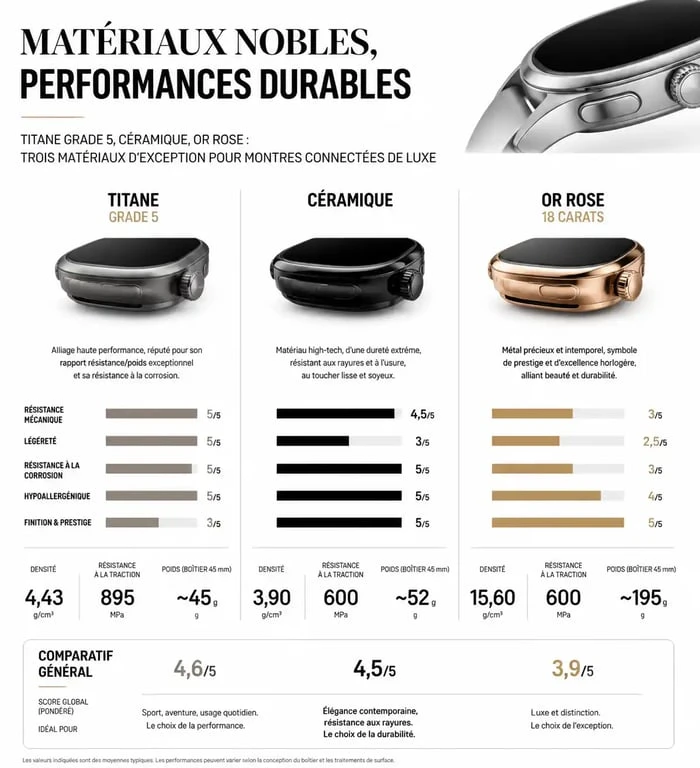 Comparatif des matériaux et fonctionnalités des montres connectées de luxe