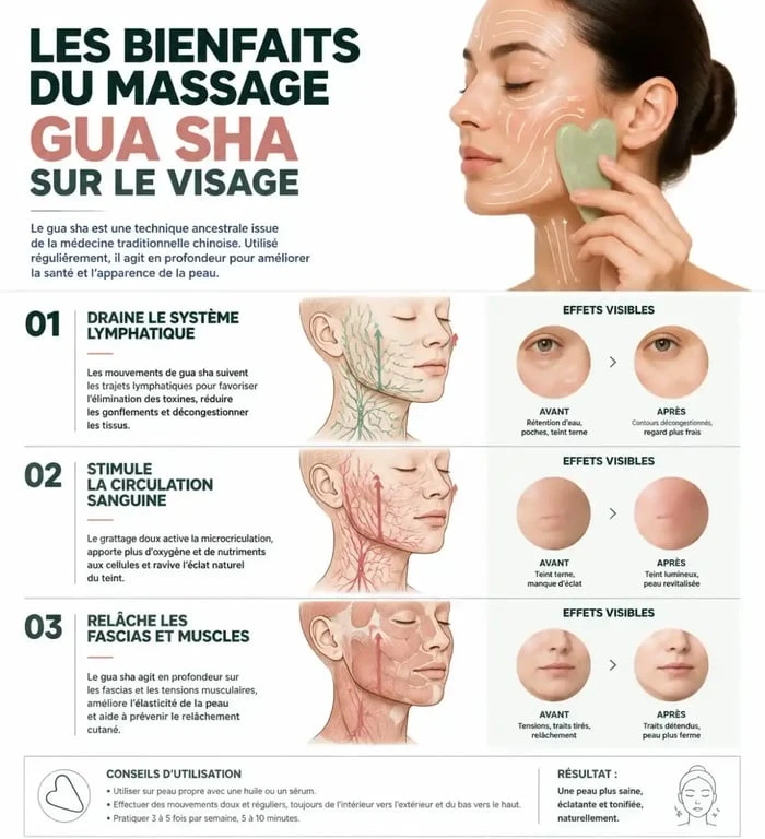 Infographie expliquant les bienfaits du massage gua sha sur la peau du visage et le drainage lymphatique