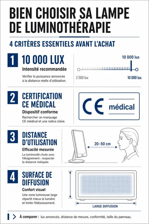 Infographie des critères techniques pour choisir la meilleure lampe de luminothérapie : lux, certification médicale et distance.
