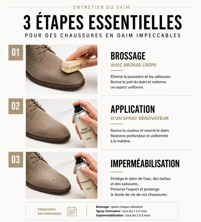 Infographie des étapes d'entretien pour chaussures en daim
