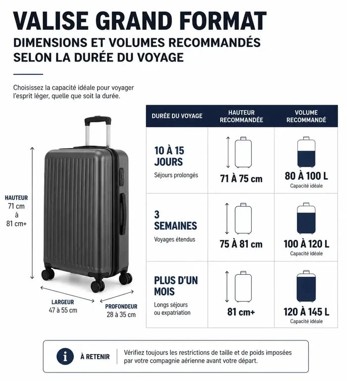 Infographie récapitulative des dimensions et volumes recommandés pour choisir une valise grand format adaptée à la durée de votre voyage.