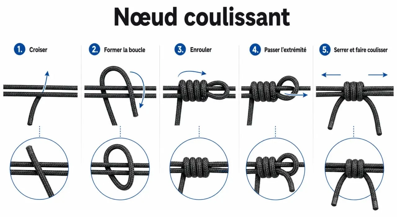 Schéma explicatif pour réaliser un nœud coulissant bracelet