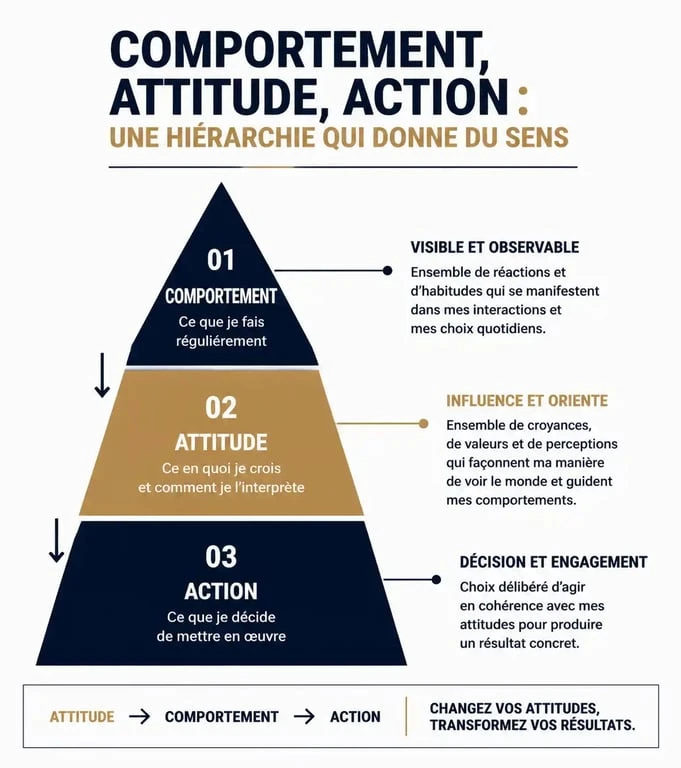 Schéma explicatif des différences entre comportement, attitude et action en psychologie